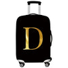 Black rolling suitcase with a gold letter D print on the side.