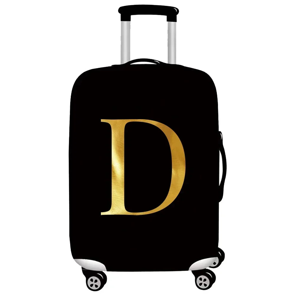 Black rolling suitcase with a gold letter D print on the side.