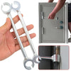 A hand holds a double-ended door hinge adjustment wrench next to a gray door and a close-up of the tool.