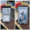A silver waterproof floating phone case with a black strap is shown in two views, including an image of a person floating on 
