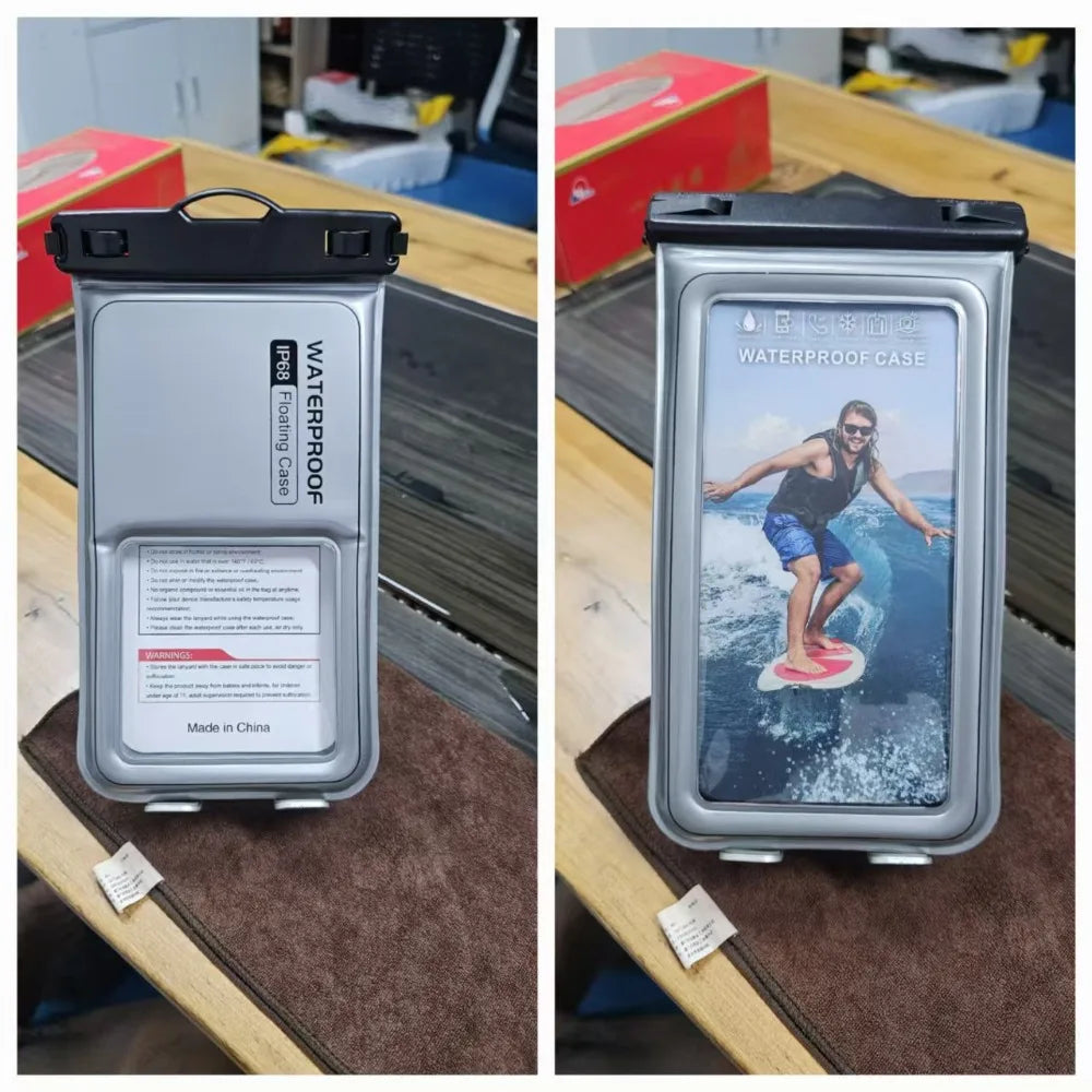 A silver waterproof floating phone case with a black strap is shown in two views, including an image of a person floating on 