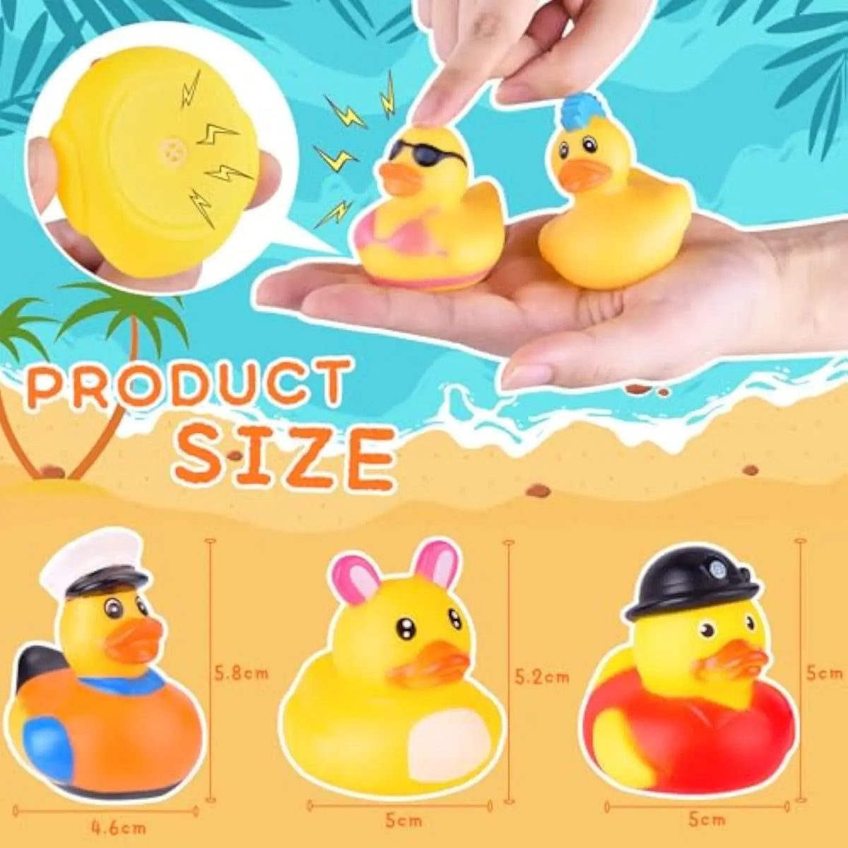 A set of yellow rubber duckies in various sizes are shown being held by a hand, with size measurements provided.