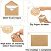 A four-step process showing how to complete a kraft paper envelope by dipping fingers in water and wiping the sticky side.