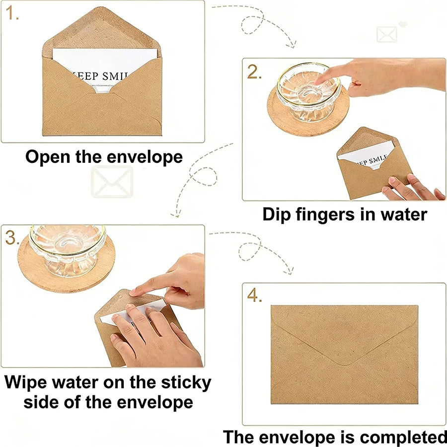 A four-step process showing how to complete a kraft paper envelope by dipping fingers in water and wiping the sticky side.
