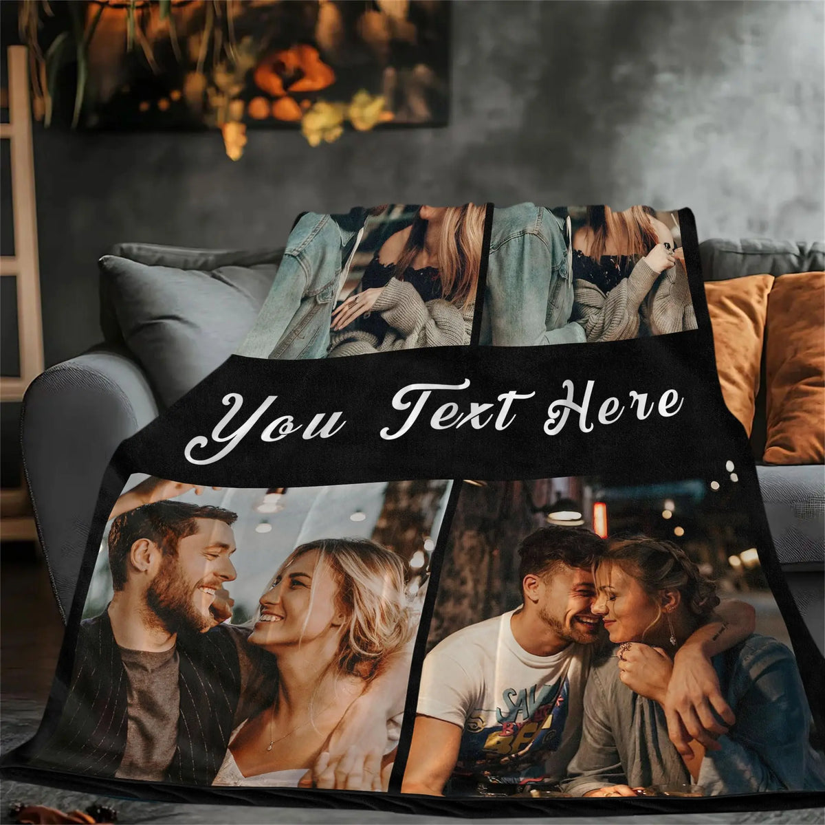 Couverture imprimée personnalisée avec plusieurs photos spontanées de couples et de personnes.