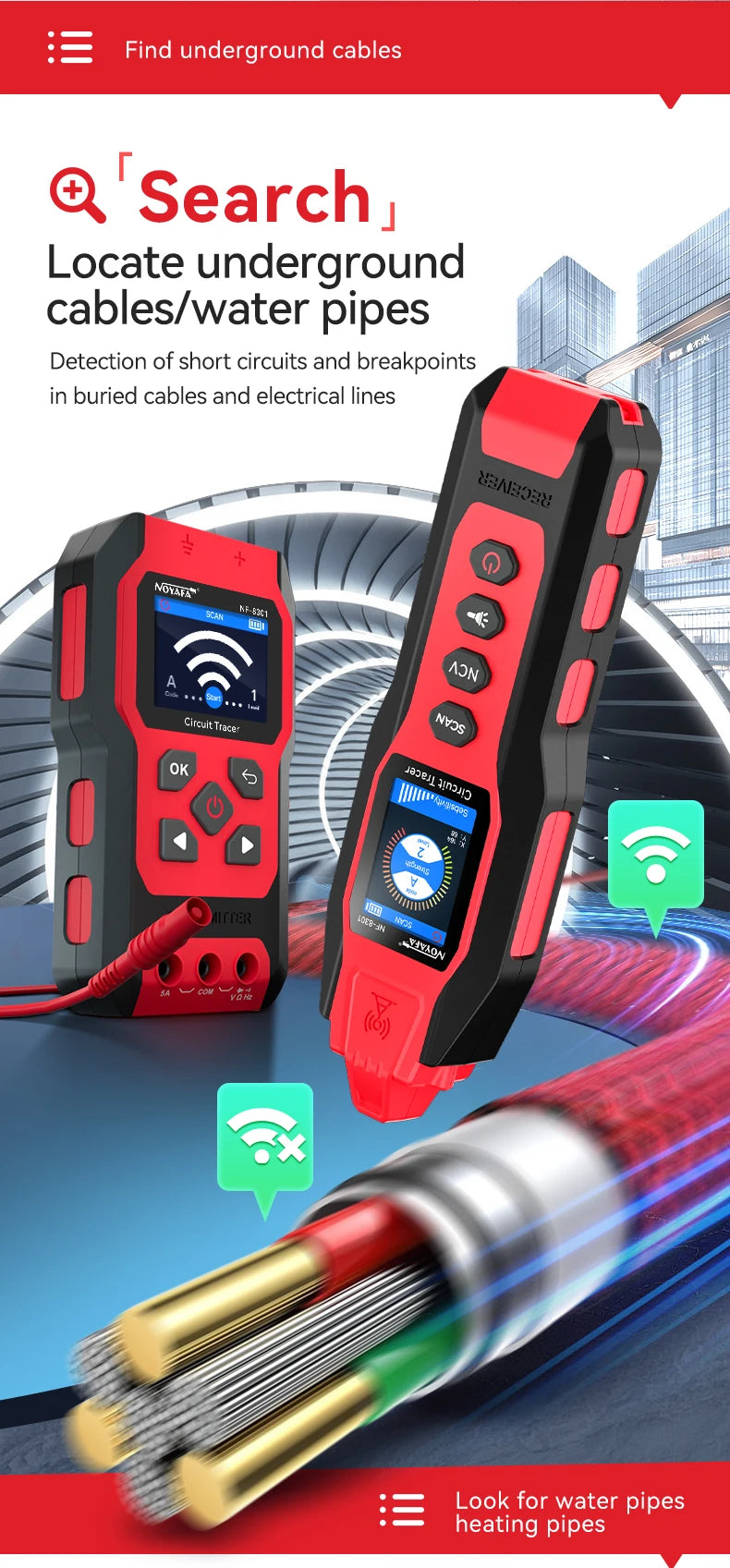 A red and black underground cable tracer device is shown detecting electrical lines and water pipes.