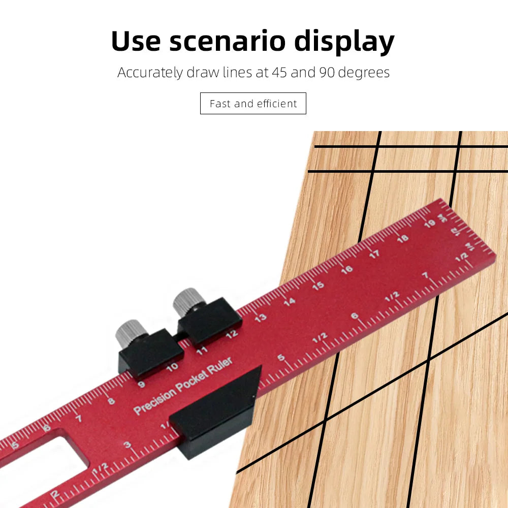 A red aluminum pocket ruler with a T-track slide stop is shown measuring wood grain.