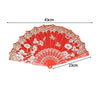 Red folding fan with white lace trim and golden edge, shown flat.