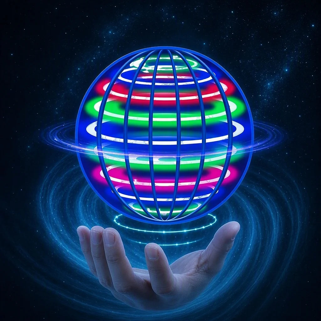 A glowing blue orb with concentric rings of green and red light spins above an open hand.
