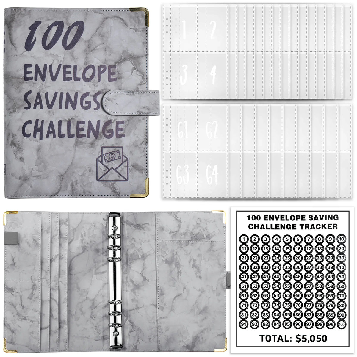 Marble A5 Savings Challenge Binder with 100 Cash Envelopes