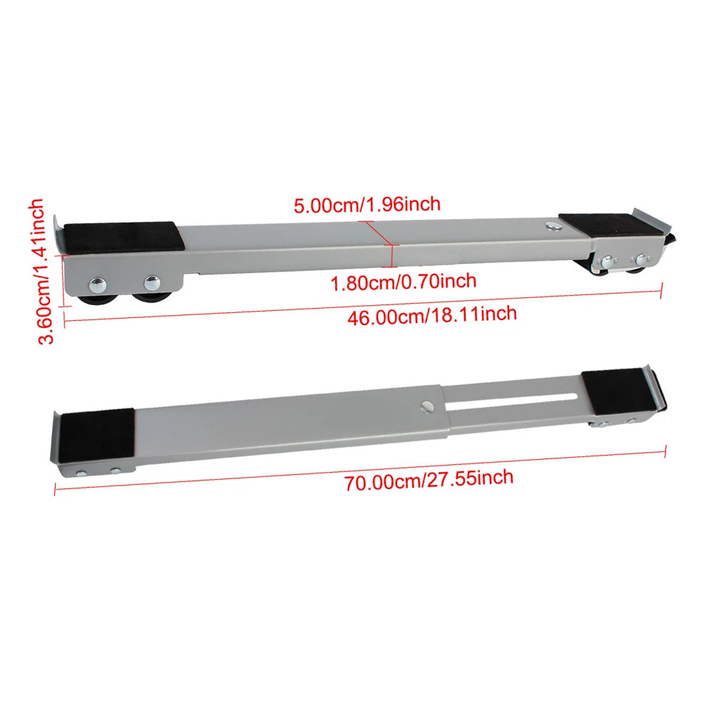 A silver adjustable appliance roller stand with brakes shown in various dimensions.