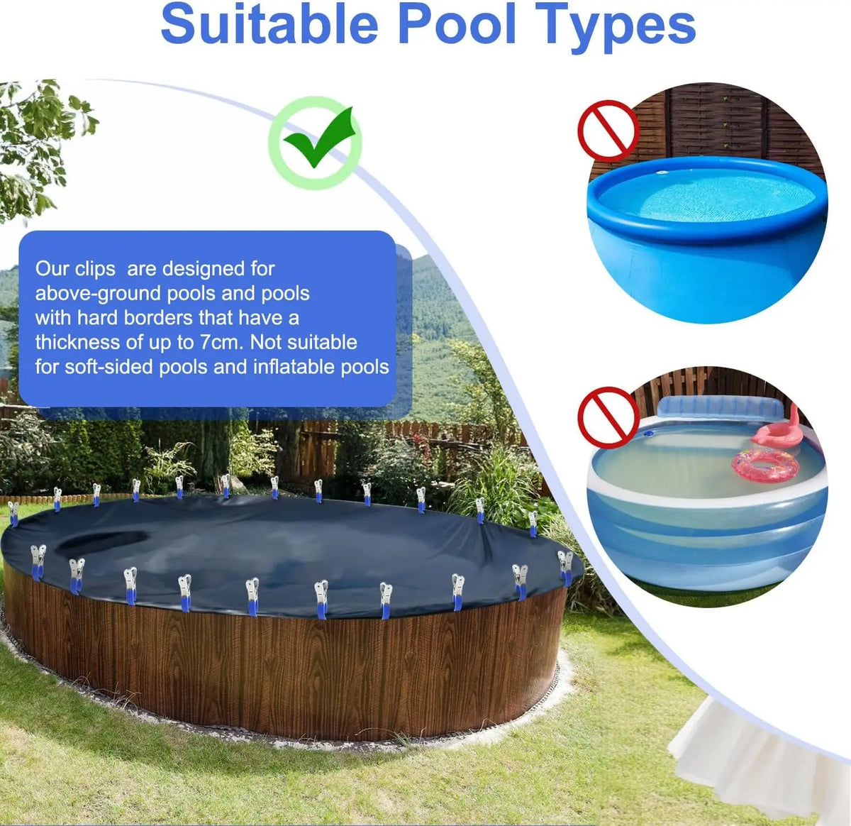 Image showing pool cover clips designed for above-ground and hard-sided pools, with examples of suitable and unsuitable pool 