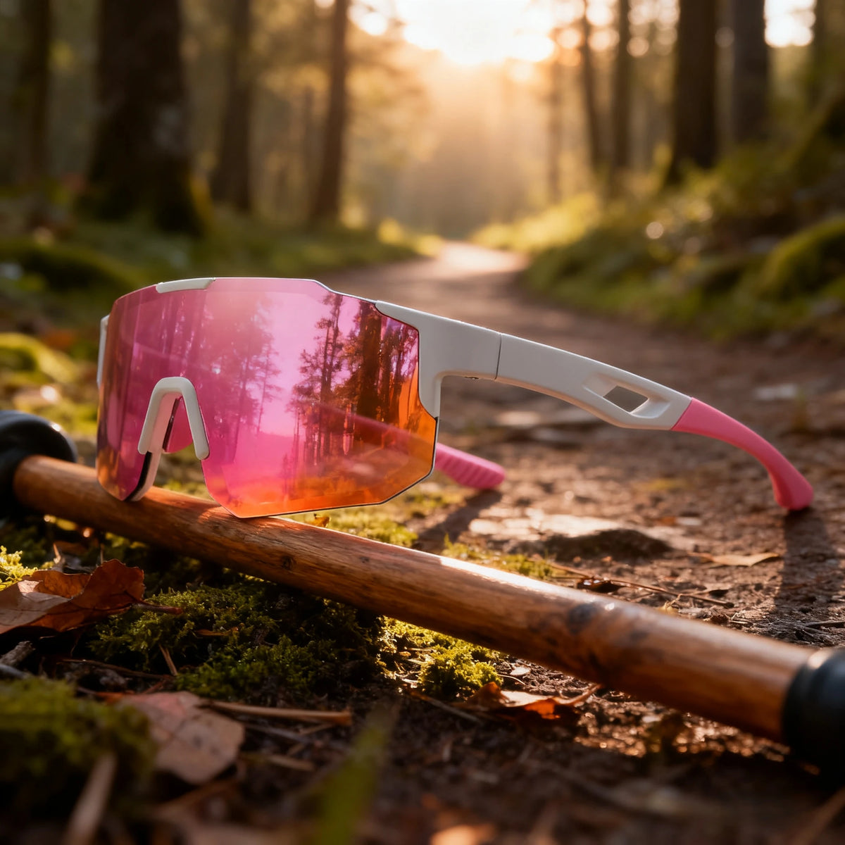 Lunettes de soleil sport roses et blanches oversize, wraparound, posées sur un poteau en bois dans une forêt.