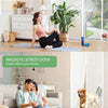 A woman is exercising on a yoga mat while fresh air flows in, next to a magnetic screen door design.