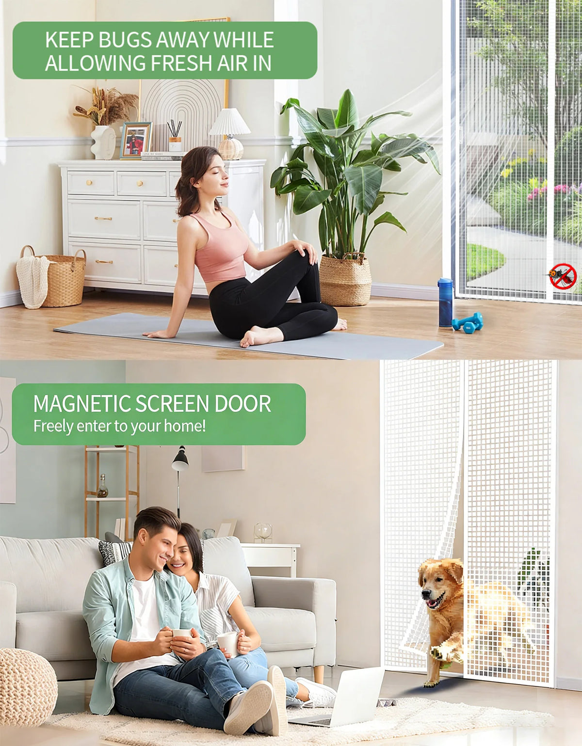 A woman is exercising on a yoga mat while fresh air flows in, next to a magnetic screen door design.