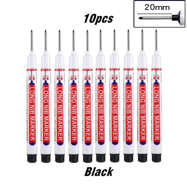 Un set de dix stylos de marquage noirs à pointe allongée, présenté à côté d'un outil de mesure de 20 mm.