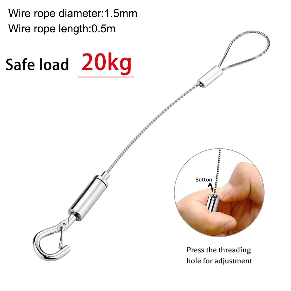 Stainless steel wire rope with a hook and button for hanging, showing its diameter and length.