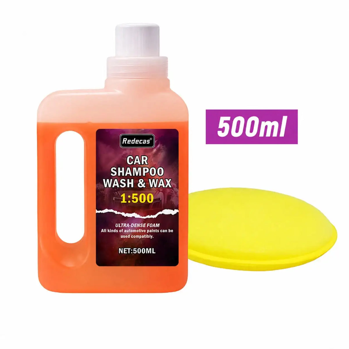 A bottle of 500ml pink foam car shampoo wash and wax with a yellow cap and a yellow foam disc.