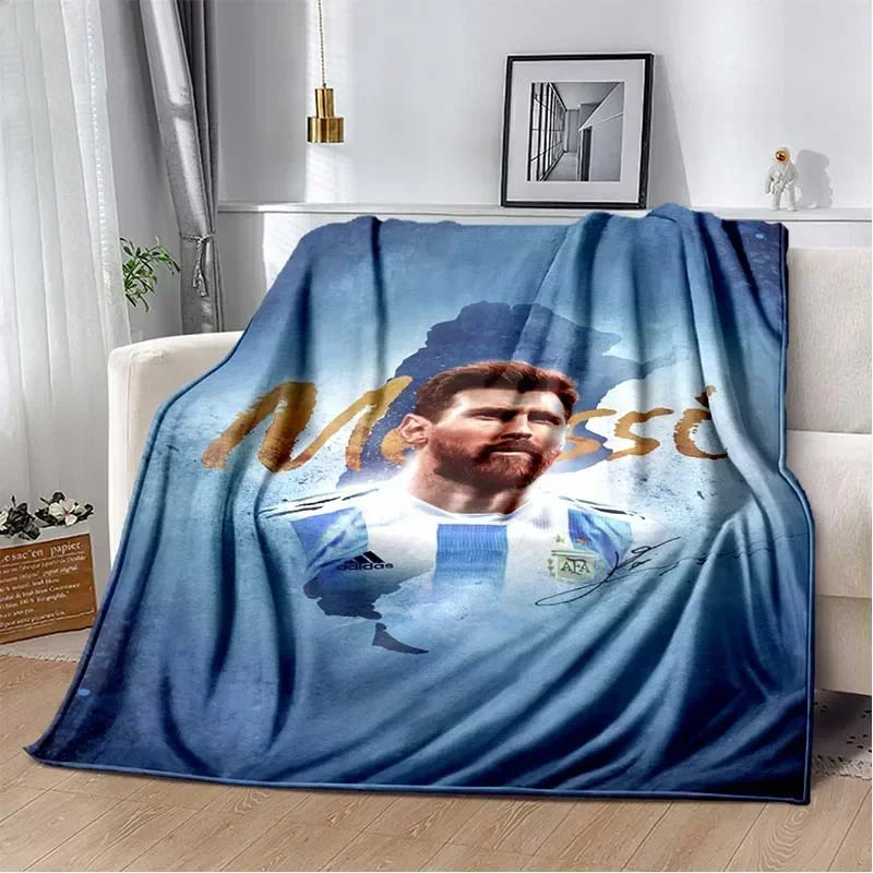 Blau-weißes Überwurf mit Porträt eines bärtigen Mannes, geeignet als Sofabett.