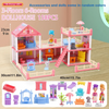 A pink 3-floor, 6-room dollhouse with accessories and dolls, featuring a castle structure.