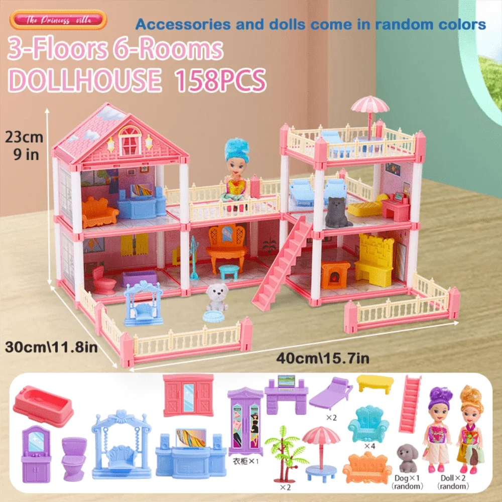 A pink 3-floor, 6-room dollhouse with accessories and dolls, featuring a castle structure.