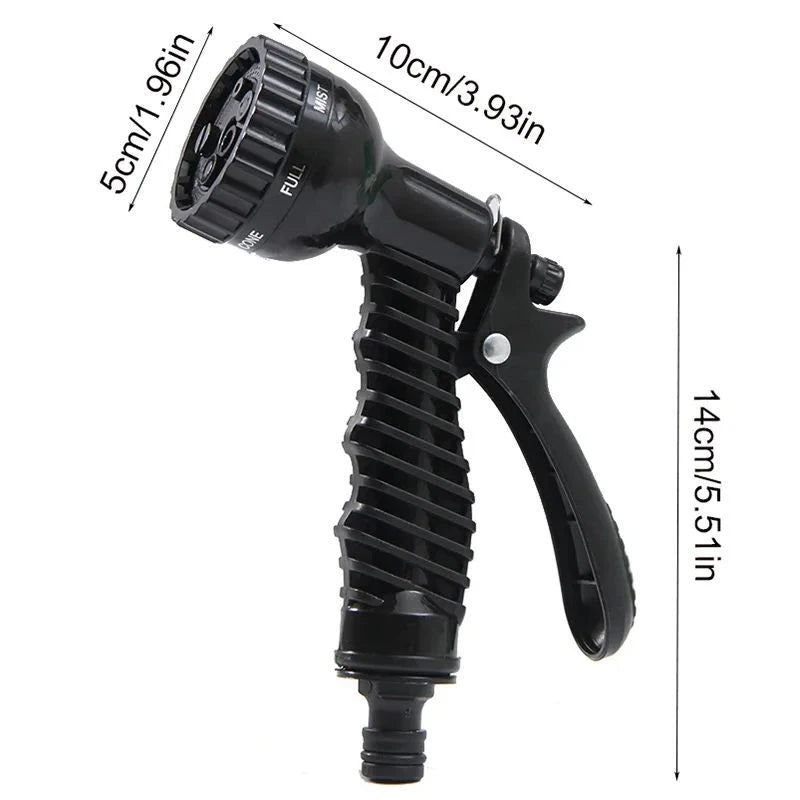 Black expandable garden hose with an adjustable high-pressure nozzle and coiled hose section.