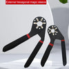 A black magic wrench with an external hexagonal magic sleeve is shown on a white marble surface.