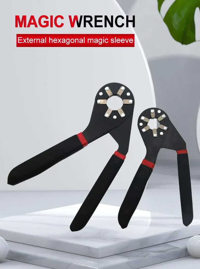 A black magic wrench with an external hexagonal magic sleeve is shown on a white marble surface.