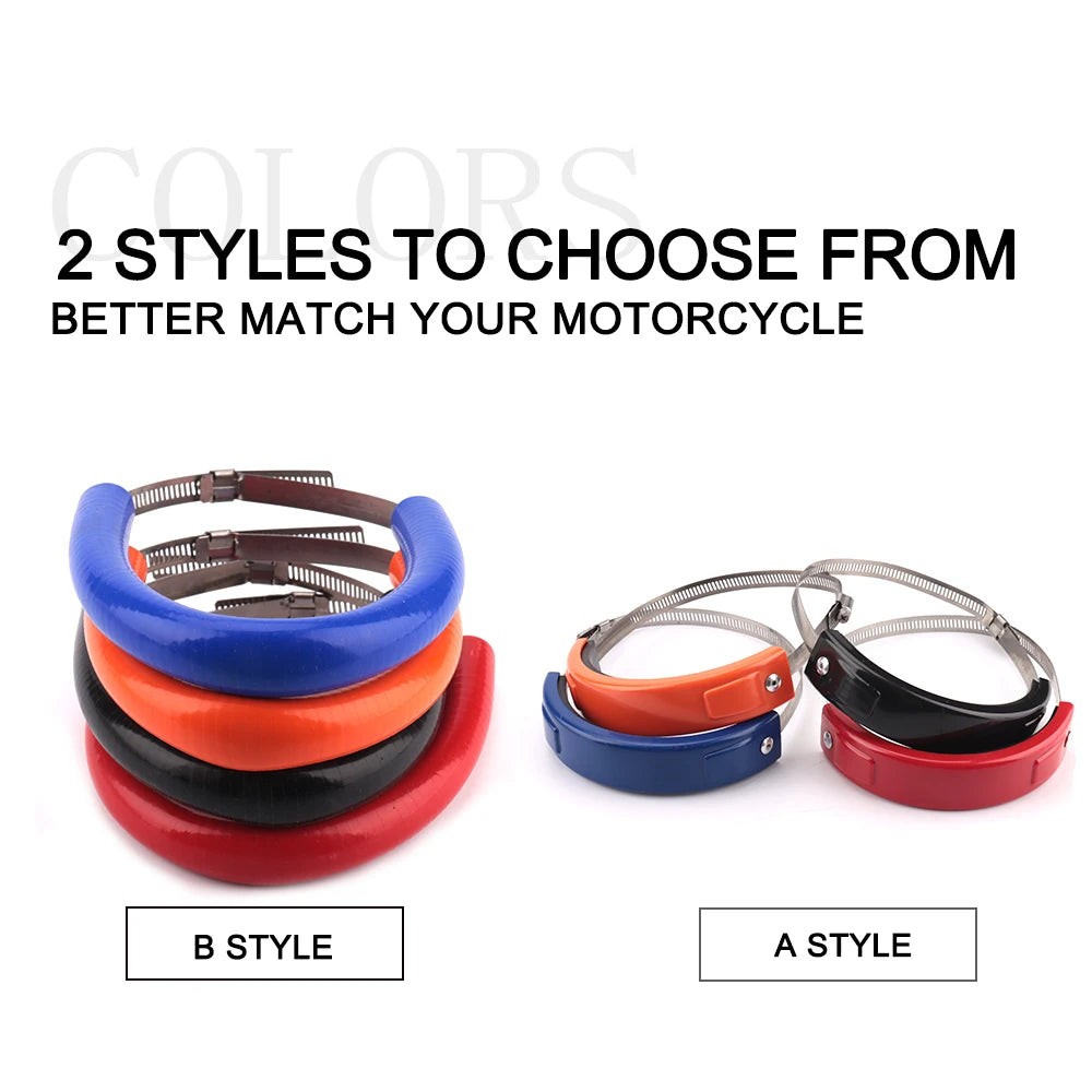 Two styles of motorcycle exhaust guards, B style and A style, shown for matching a dirt bike.