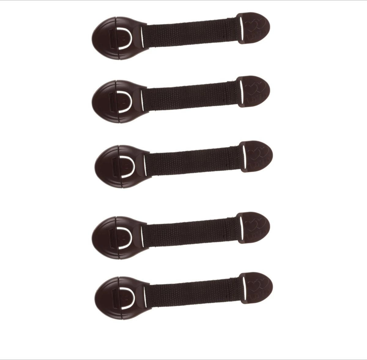 A pack of five black child safety cabinet locks for drawers and doors.