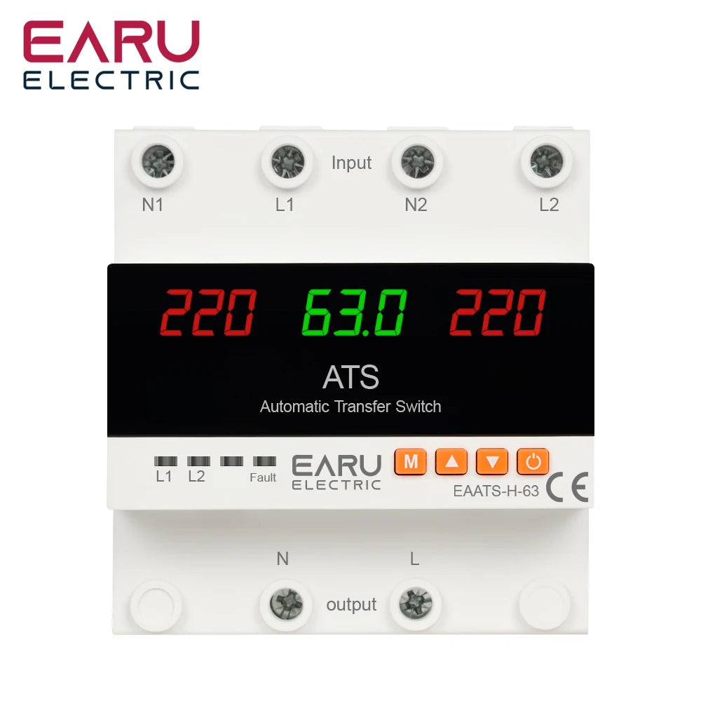 A black electrical device labeled EARU ELECTRIC showing an ATS with 220V input and output, displaying a voltage reading of 63