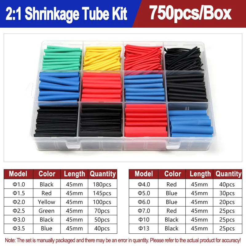 A box of heat shrink tubing kit containing various colors and lengths of black, red, yellow, blue, and green tubing.