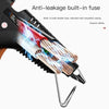 Close-up of a hot melt glue gun with a built-in fuse showing electrical discharge and insulated casing.