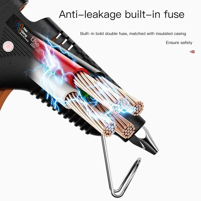 Close-up of a hot melt glue gun with a built-in fuse showing electrical discharge and insulated casing.