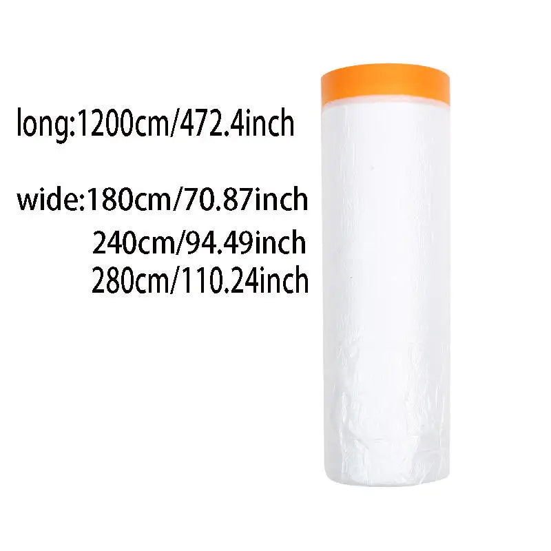 Roll of white pre-taped masking film for painting protection with an orange cap