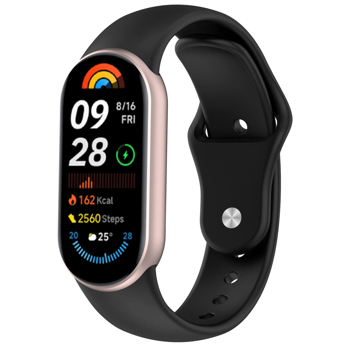 A black fitness tracker watch with a pink band displaying time, date, steps, and calorie count.