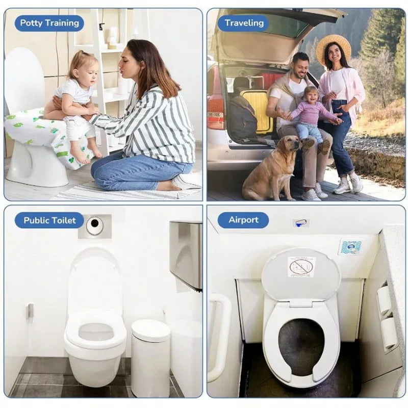 A collection of disposable toilet seat covers and portable hygiene liners used for potty training, public toilets, and airpor
