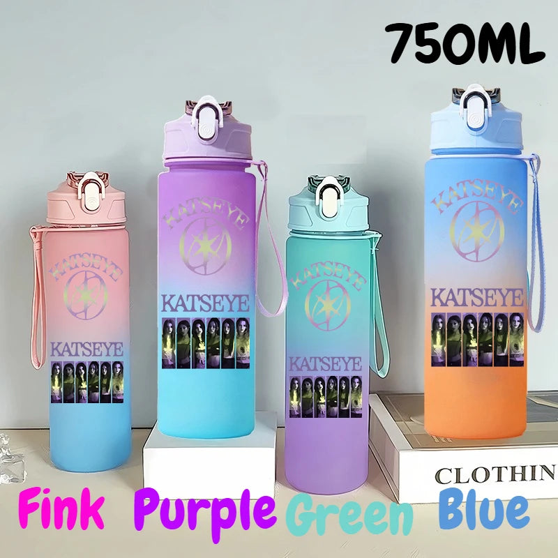 A set of five 750ml portable sports water bottles in pink, purple, green, and blue colors.