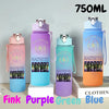 A set of five 750ml portable sports water bottles in pink, purple, green, and blue colors.