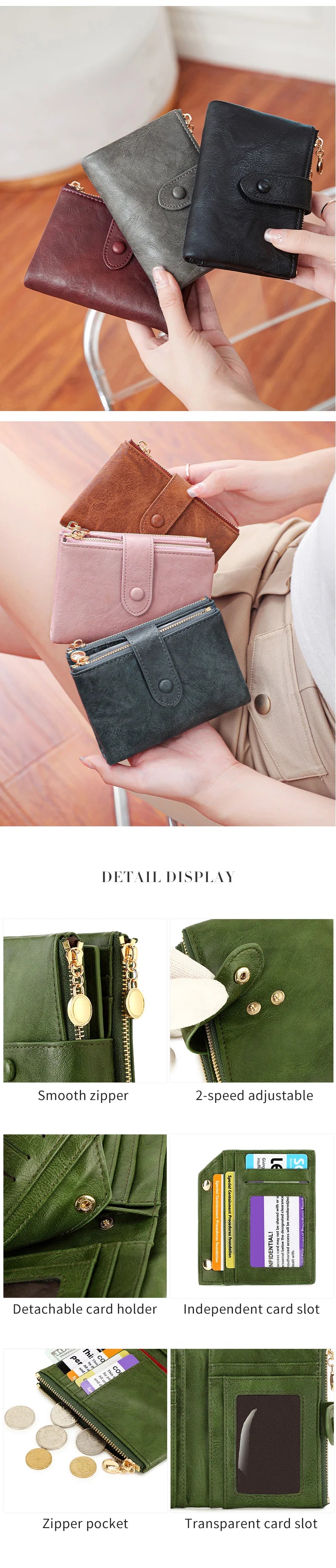 Women's Retro Tri-Fold Wallet with Large Capacity and Dual Zippers