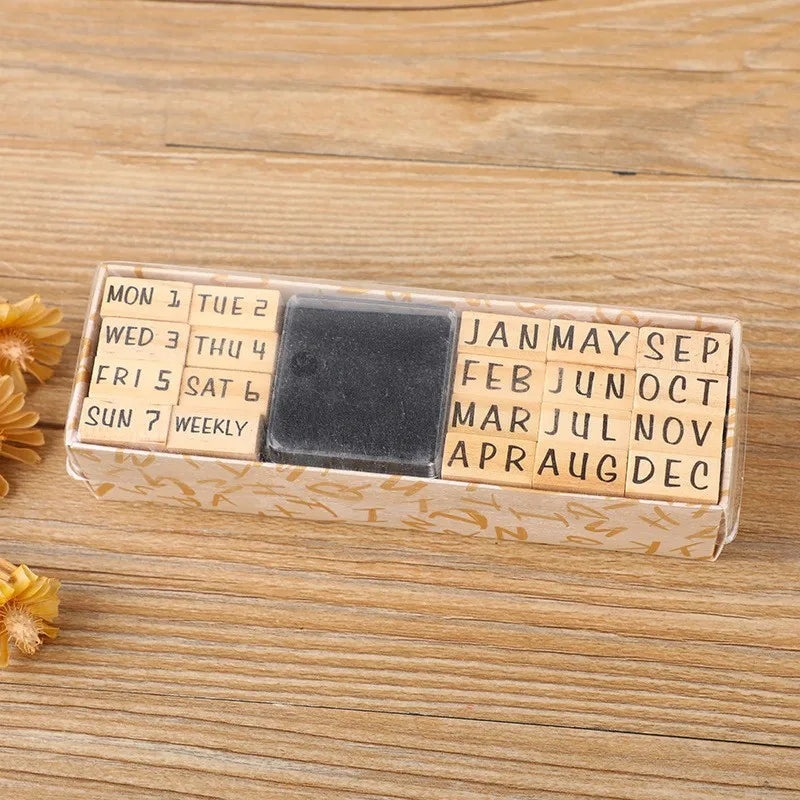 Vintage Wooden Rubber Stamp Set with Ink Pad