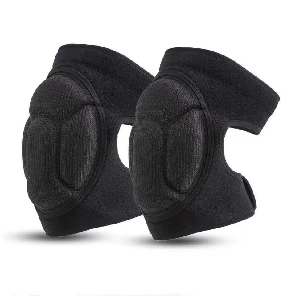 A pair of black thick cushioned knee pads designed for gardening, work, and sports.