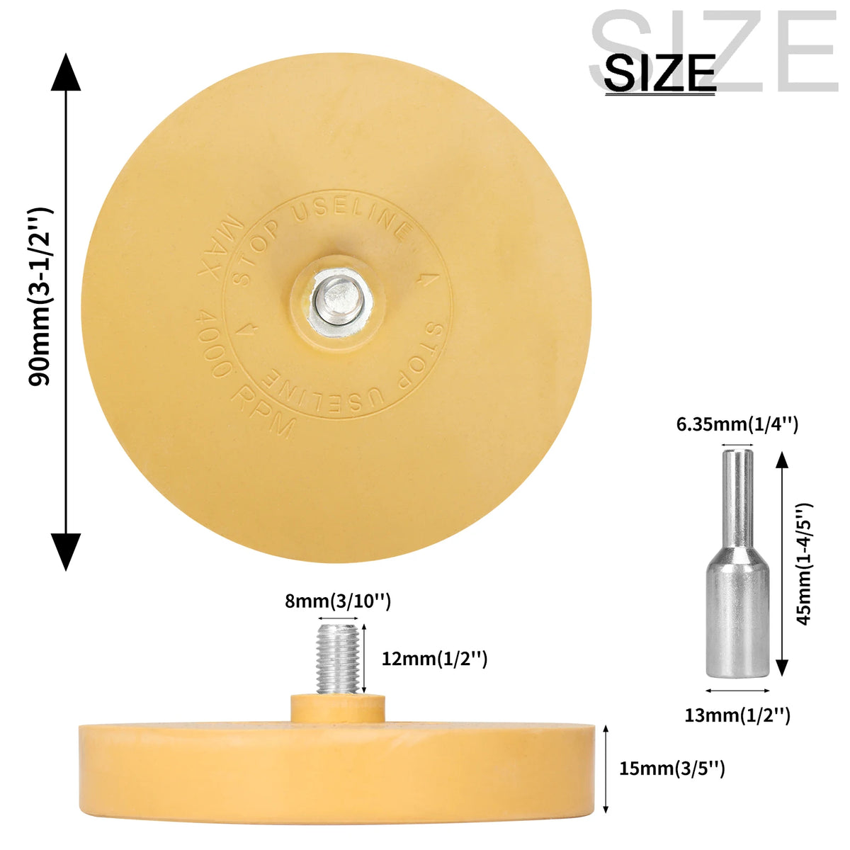A yellow rubber eraser wheel with a drill adapter and a flat base for removing stickers and decals.