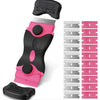 A pink and black razor blade scraper tool with multiple blades for removing adhesive from various surfaces.