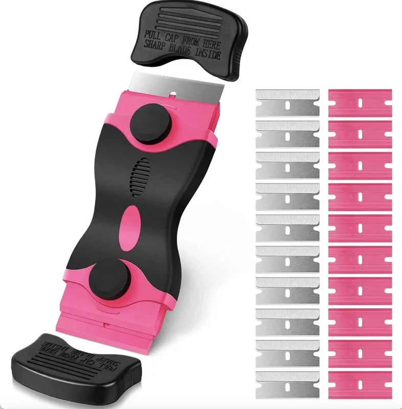 A pink and black razor blade scraper tool with multiple blades for removing adhesive from various surfaces.