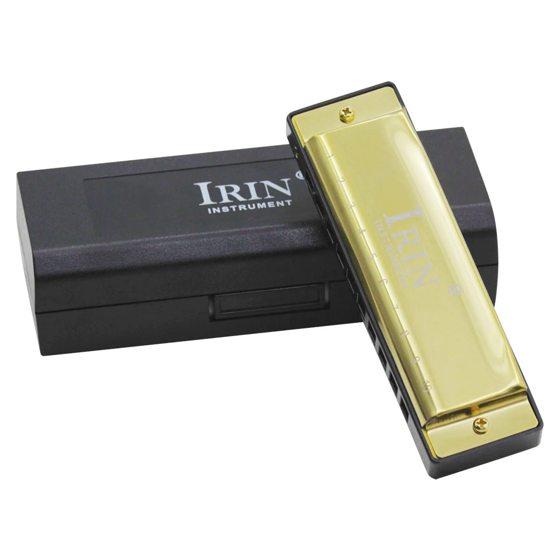 A gold-colored harmonica is shown resting in its protective black case.