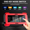 A red battery charger with an LCD display is shown, featuring mode switches for car, AGM, moto, LifeP04, and repair functions