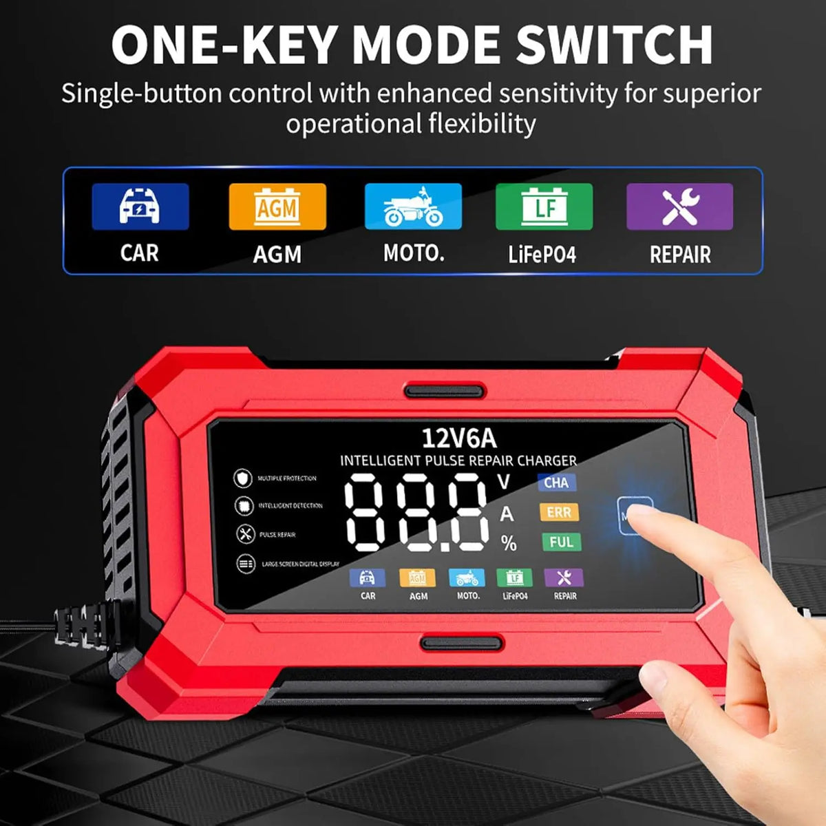 A red battery charger with an LCD display is shown, featuring mode switches for car, AGM, moto, LifeP04, and repair functions