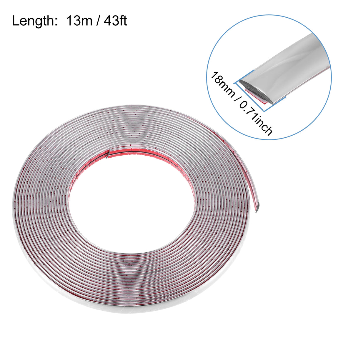 Roll of silver chrome car door edge guard trim strip with a dimension indicator showing 18mm thickness.