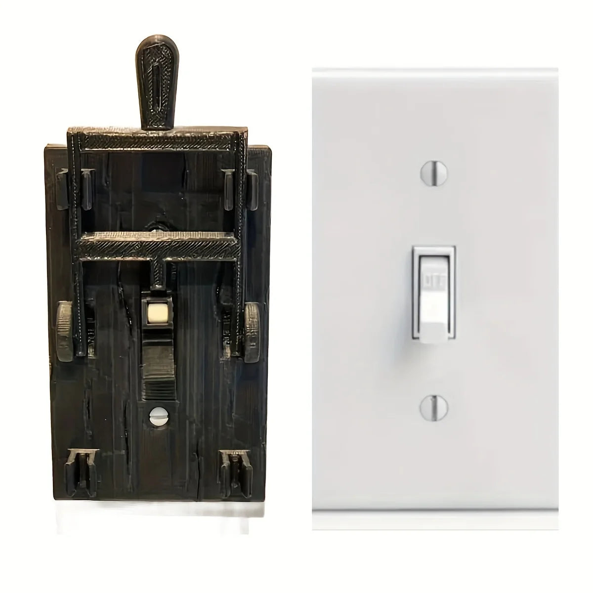 A black decorative light switch cover with a flip handle mounted on a white electrical plate.